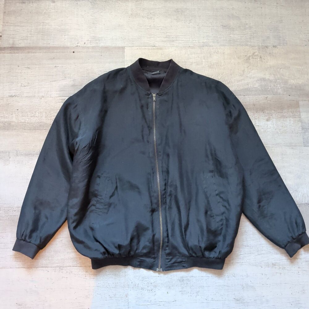 Robert Stock Silk Bomber Jacket Mens Medium Black Full Zip Casual Vintage